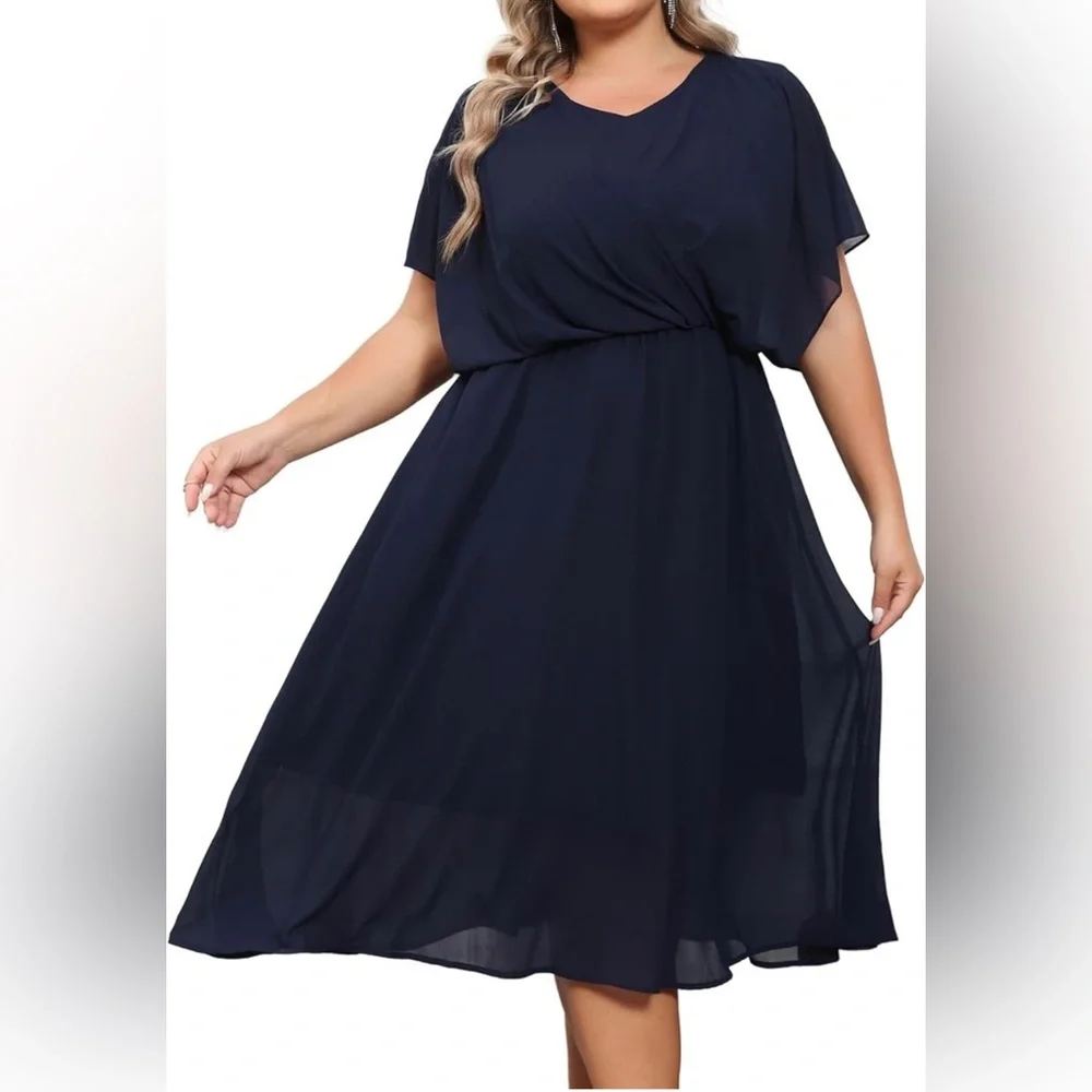 Plus Size Navy V-Neck Chiffon Midi Dress - Picture 1 of 8